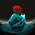 illustration art picture of a scarlet rose in an iceberg.