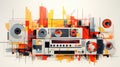 illustration art retro player, radio, vintage, sound, risograph