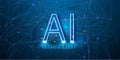 Illustration of Artificial intelligence AI with blue neon AI text on a printed circuit Board background. Abstract the