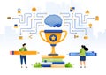 Illustration of artificial intelligence for education. student recipients of scholarships based on Ai tech. tropy with brains and