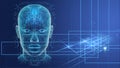 Illustration of Artificial Intelligence Head with Circuit Board Texture and Technology Symbols on Blue Background Royalty Free Stock Photo