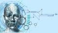 Illustration of Artificial Intelligence Head with Circuit Board Texture and Technology Symbols on Blue Background Royalty Free Stock Photo