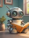 Illustration of Artificial Intelligence small cute robot, training skills and reading books