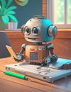 Illustration of Artificial Intelligence small cute robot, training skills working on chores