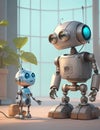 Illustration of Artificial Intelligence small cute robots, training skills and communication each other