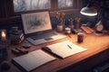 Illustration of an artist's desk in a paralel universe