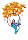 Illustration of an artistic gymnast girl on a gymnastic hoop on an autumn rowan tree in a cartoon style