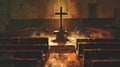 Illustration of an Ash Wednesday scene with a cross made of ashes on an altar, empty church pews in the background Royalty Free Stock Photo