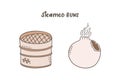 Illustration of asian steamed buns and a steamer in cute doodle like style.