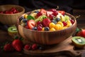 Illustration of assorted, fresh and juicy fruit salad in a bowl. Mixed fruits. Delicious, sweet and tasty. Strawberry, blueberry,