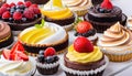 Assortment of delicious and colorful dessert, chocolate cakes, mixed berry tarts Royalty Free Stock Photo