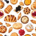 An illustration of an assortment of fresh pastries in wicker bowl isolated on white