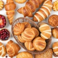 An illustration of an assortment of fresh pastries in wicker bowl isolated on white