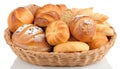 An illustration of an assortment of fresh pastries in wicker bowl isolated on white