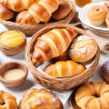 An illustration of an assortment of fresh pastries in wicker bowl isolated on white