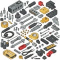Illustration of an assortment of mechanical tools and components, including Royalty Free Stock Photo