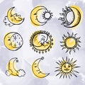 illustration, astrological set of drawn moon, sun, stars, painted with watercolor strokes, for posters, patterns