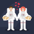 Illustration of astronauts couple in love holding hands.