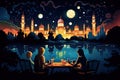 Illustration of the atmosphere of Ramadan nights, with a mosque, families and individuals