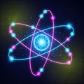 Illustration of an atom model, featuring neon pink and blue orbitals Royalty Free Stock Photo