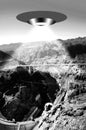 Scifi Illustration of a Ufo flying over the Hoover Dam transmitting a beam of light