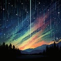 an illustration of the aurora borealis over a mountain and forest Royalty Free Stock Photo