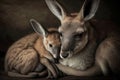 Adult mother Australian kangaroo cradling her joey, generative Ai