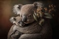 Adult mother Australian koala bear cradling her baby, generative Ai