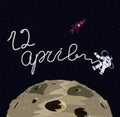 Illustration of austronaut, moon and rocket in the space. 12 april illustration