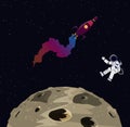 Illustration of austronaut, moon and rocket in the space.