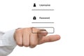 Illustration of interface and man pressing button LOGIN on white background, closeup