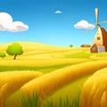 Illustration of an autumn farm landscape. a beautiful autumn background with wheat fields. Rural autumn landscape with windmill, Royalty Free Stock Photo