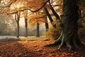 Autumn forest with sunbeams in the morning, nature series