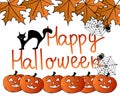 illustration, autumn holiday card, orange leaves, black cat, spider, pumpkins and lettering Happy Halloween on white background Royalty Free Stock Photo