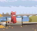 Illustration of the autumn park. A red panda is sitting on a bench on the embankment. An urban landscape with a bridge