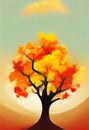 Illustration with autumn single tree with bright orange foliage. Autumn cartoon illustration. AI-generated