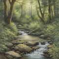 A babbling brook winds through a lush forest, its gentle murmurs harmonizing with the rustling leaves and bird songs