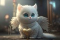 Illustration of baby angel cat with a heart, cartoon cupid