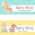 Banner for baby blog.Baby with bottle, on potty.