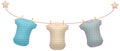 Illustration of baby bodysuits hanging on the clothesline isolated on a white background