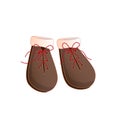 Illustration of baby brown shoes with white fur and red laces.