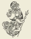 illustration baby demon with engraving ornament antique style