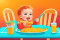 illustration of baby eats porridge at the table. ai generative