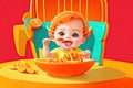 illustration of baby eats porridge at the table. ai generative