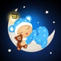 Baby sleeping on the moon with teddy bear