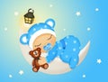 Baby sleeping on the moon with teddy bear Royalty Free Stock Photo