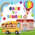 Back to school. Happy children riding on school bus and hot air balloon Royalty Free Stock Photo