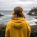 Illustration of a back-to-back teenager with headphones looking out to sea. Royalty Free Stock Photo