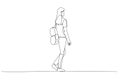 Illustration of back view of walking woman with backpack. Single line art style Royalty Free Stock Photo