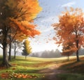 Illustration background with autumn forest landscape. Gold color tree, orange foliage in fall park. Golden autumn in the Royalty Free Stock Photo